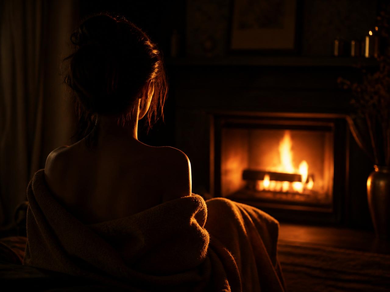 Silhouette d'une femme enveloppée près d'un feu de cheminée